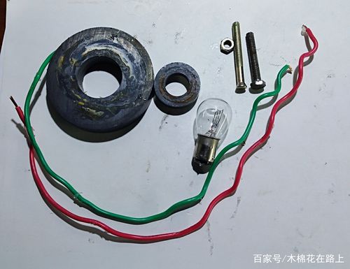 准备材料:两个环形磁铁,两段带胶皮铜线,一个12伏灯珠,两个长轴螺丝